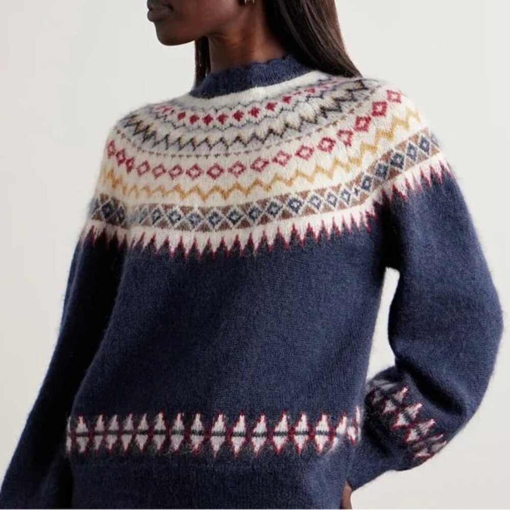 Doen Harvest Mohair Wool Cashmere Knit Print Sweater Top Navy Oslo Fair Isle L